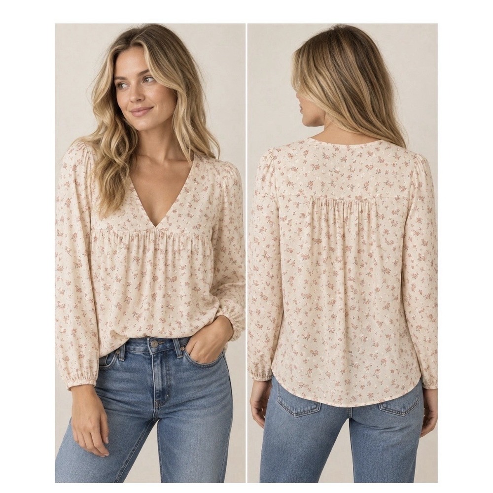 Madewell Women's Cottagecore Floral Blush Pink V-Neck Empire Waist Blouse Xsmall